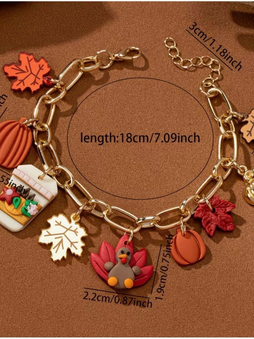 Gold Tone Link Charm Bracelet Turkey Pumpkin Leaf Dangle, Adjustable 7.09 in